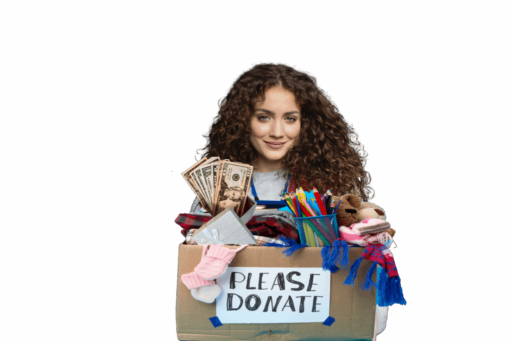 Person holding donation box with cash and items
